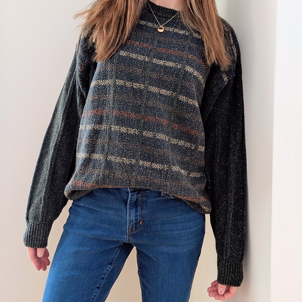 Vintage Plaid Textured Speckled Silk Wool Blend Crewneck Sweater In Green